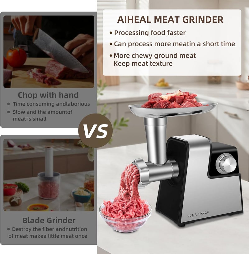GELANGS Electric Meat Grinder，350W(2800W Max) Sausage Stuffer Maker with Sausage Stuffer Tubes & Kubbe Kit，Food Grinder with Blade & 3 Plates For Home Kitchen Use - Image 4
